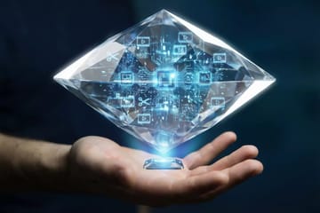 Futuristic teal crystalline interface of Adobe Firefly Quick Cut slicing isometric AI video clips in glowing blue environment