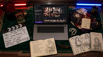 Warmly lit compact studio desk with laptop showing vibrant ai porn fantasy scenes amid authentic real-world clutter and notes.