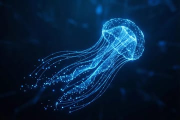Futuristic isometric scales balancing fair use generative AI code and art in glowing blue-teal crystalline structures.