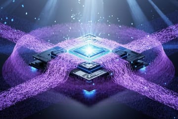 Futuristic Flux model architecture visualization with glowing neural networks and electric blue-violet data streams.