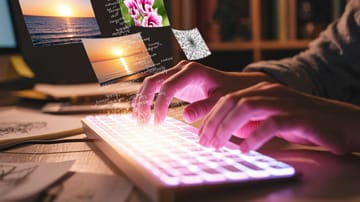 Warm amber workshop with glowing magenta keyboard transforming "beach nude AI prompt" into golden hour nude beach scene.