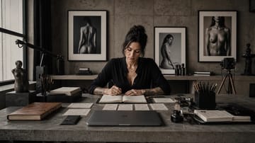Warm golden hour light on a writer's desk with boudoir prompt handwritten amid notebooks and fountain pens.