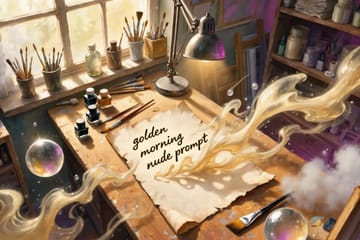 Amber and magenta workshop crafting "golden morning nude prompt" with glowing keyboards and foggy dawn sensual transformatio
