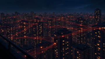 Abstract 3D render of glowing silhouettes linked by neon network lines