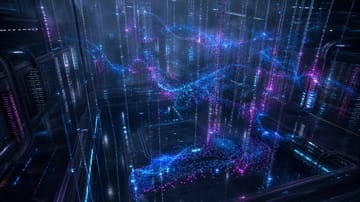 Abstract digital illustration with blurred filters, glowing blocks, and vibrant mixed media textures