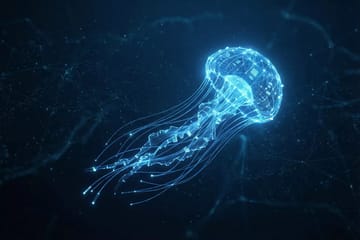 Cinematic isometric view of Qwen 3.5 multimodal AI agents as glowing blue-teal crystalline structures in futuristic void