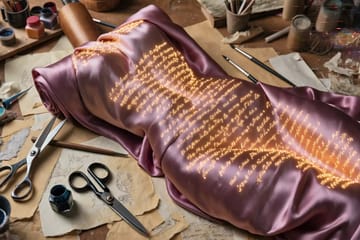 Warm amber and magenta workshop with glowing keyboard crafting "satin sheets nude prompt" into silky text-to-image transformation.