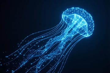 Teal-blue crystalline isometric structure of NSFW AI video generator emitting holographic film reels in futuristic scene