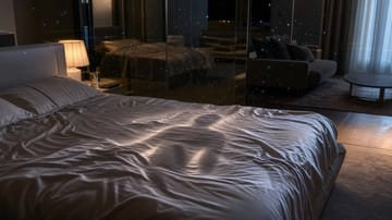 Elegant nude woman reclining on rumpled sheets in softly lit modern bedroom.