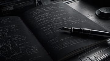 Writer's desk with notebooks of sensual boudoir AI prompt video notes, fountain pens, and marked-up drafts.