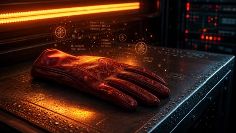 Vibrant illustration of a digital gavel beside a paintbrush and robotic arm with floating icons.