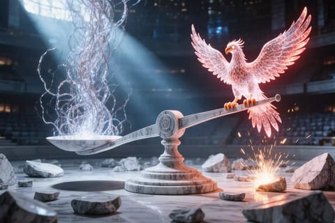 3D render of gavel smashing glowing AI brain amid Meta and Nvidia logos.
