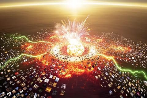 Abstract 3D render of luminous firefly igniting vibrant digital sparks amid glowing neural circuits.