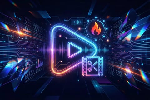 Modern tech graphic on dark background with vibrant neon video frames and glowing accents.