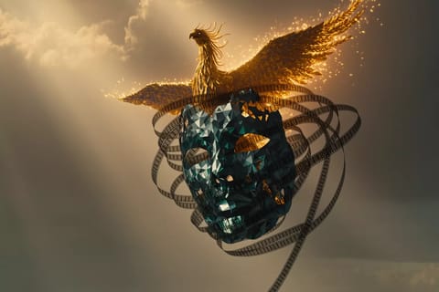 Vibrant 3D render of futuristic video editor with glowing AI masks, search beams, and Firefly sparks.