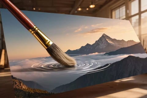 3D rendered Photoshop interface with floating chat bubbles and glowing image edits on canvas.