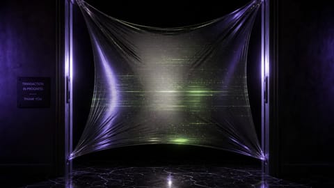 Abstract mixed media art with glowing bridge linking digital icons and flowing data streams in neon hues.