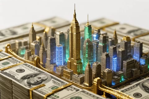 3D render of golden dollar bills raining over a glamorous silhouetted figure in neon lights.