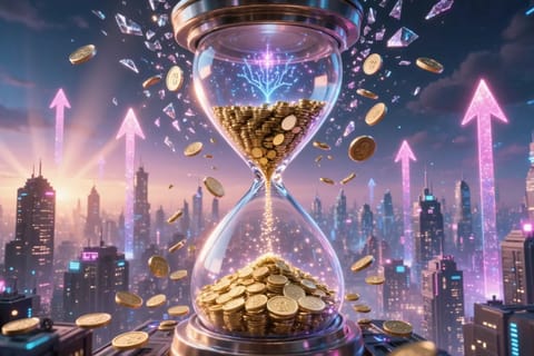 Vibrant neon cityscape in hot pink, electric purple, and gold with upward-trending graphs symbolizing adult entertainment market growth.
