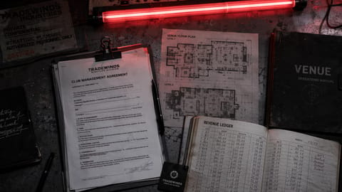 Dynamic nightlife scene: suited professionals dancing in sleek club under neon lights and holograms.