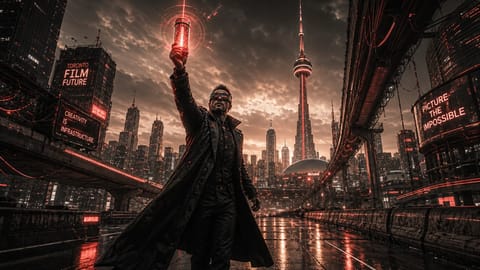 Dynamic 3D render of muscular man posing confidently in neon-lit studio with city skyline.