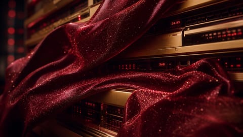 Futuristic 3D render of glowing digital library shelves stacked with erotic holograms and floating gold coins.