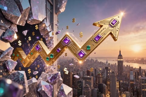 Purple and gold luxury workspace with AI adult content pricing dashboard, rising revenue charts, and premium success symbols.
