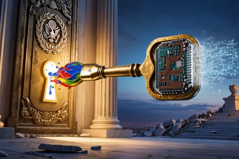 Dramatic 3D render of gavel striking pixelated AI artwork atop Supreme Court steps.