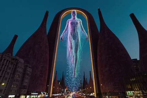 Glowing holographic AI avatars in lingerie pose seductively amid neon e-commerce holograms.