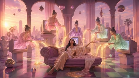 Glamorous woman with glowing AI clones surrounded by cascading dollar bills in futuristic 3D render.