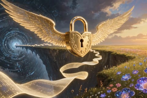 3D rendered AI neural network entwined with golden scales of justice and glowing digital locks.