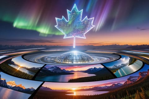 3D rendered Canadian Parliament dome overlaid with glowing AI circuit patterns and label stamps.