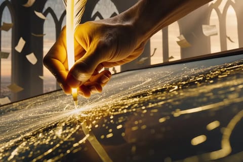 3D render of majestic Supreme Court building with glowing gavel and symbolic human hand holding quill.