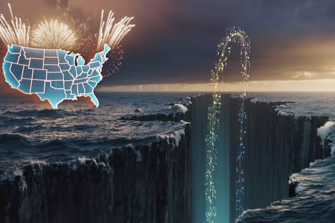 Union Jack and Stars & Stripes flags split by glowing digital circuits over Atlantic Ocean.