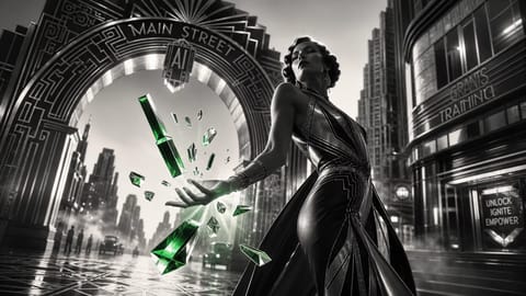 Dynamic 3D render of bustling Main Street with creators using holographic AI tools and floating grant coins.