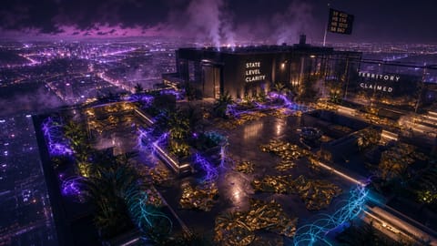 3D rendered scales of justice balancing human hand, robotic claw, and glowing state capitol domes.