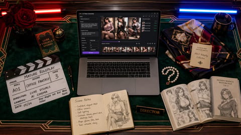 Warmly lit compact studio desk with laptop showing vibrant ai porn fantasy scenes amid authentic real-world clutter and notes.