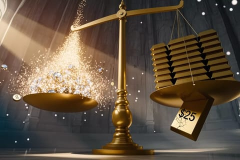 Surreal 3D render of seductive figures holding oversized price tags and comparison charts on neon backdrop.
