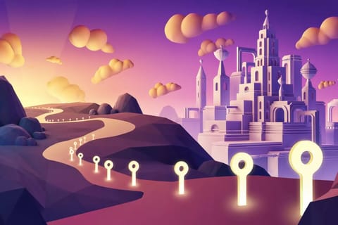 Surreal glowing pathways and tool constellations in purple, magenta, amber tones for AI porn video 60 seconds