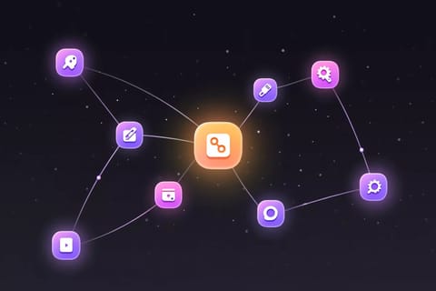 Surreal purple-magenta workspace with amber glowing pathways and AI porn video generator full scene tool constellations.