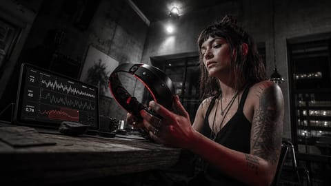 Futuristic 3D-rendered AI sex toy glowing with neural circuits amid swirling pleasure waves.