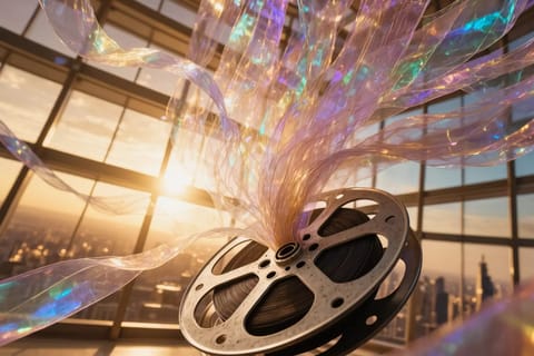 Dynamic 3D render of glowing interactive video screens and futuristic holographic figures in neon-lit studio.
