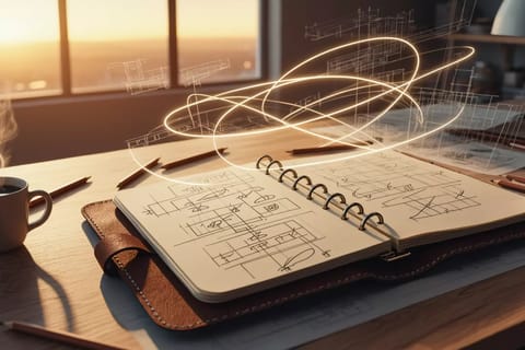 Stylized 3D render of dynamic camera angles converging on a glowing film scene.