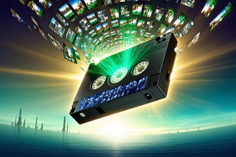 3D rendered futuristic video interface with glowing AI circuits and prominent disclosure badges.
