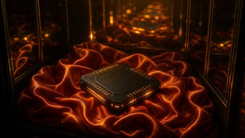 Artistic 3D render of glowing microchips linked by luminous pathways on a dark abstract background.