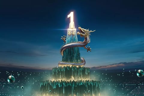 3D-rendered glowing neural dragon ascending golden podium atop world map leaderboard.
