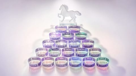 Vibrant 3D-rendered happy horse galloping atop glowing global benchmark charts in futuristic style.