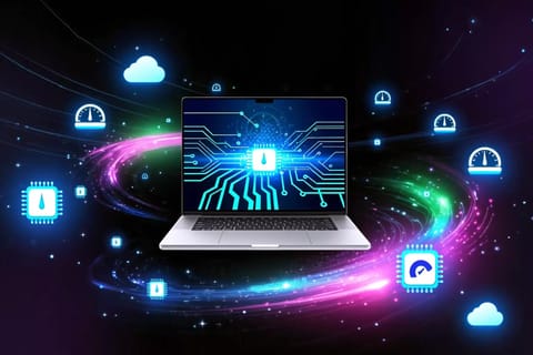 Sleek laptop displaying glowing charts on dark background with vibrant neon tech accents.