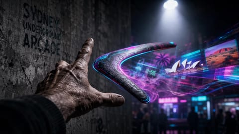 Dynamic 3D render of Sydney Opera House with glowing holographic video screens showing kangaroos and outback scenes.