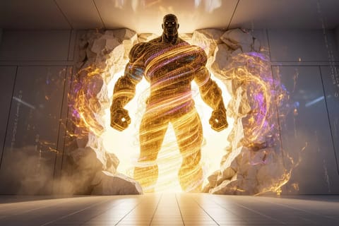 Dramatic 3D render of glowing mythical titan shattering a digital vault, scrolls spilling out.